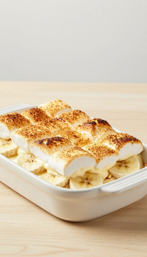 Baked marshmallow banana pudding with a golden toasted top, creamy pudding, bananas, and vanilla wafers in a baking dish