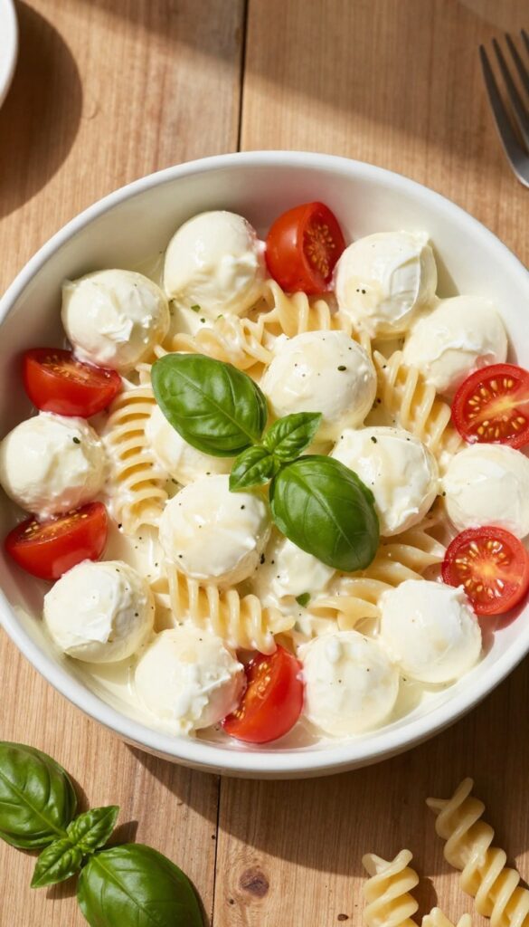 Creamy mozzarella and tomato pasta salad in a white bowl on a wooden table
