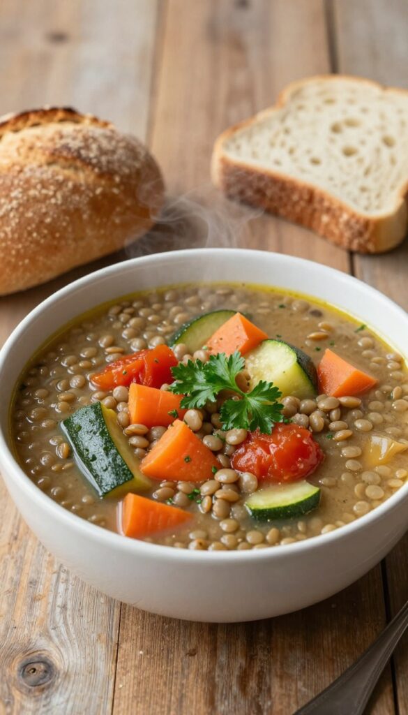 A bowl of lentil and vegetable stew with whole grain bread, showcasing a heart-healthy dinner recipe in a bright, natural setting.