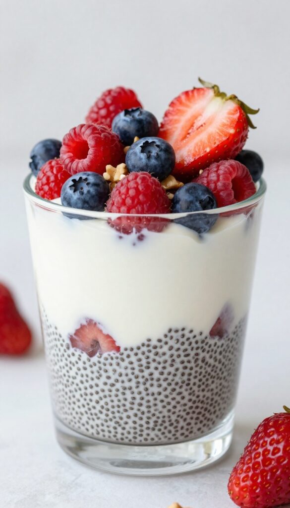 A Berry Chia Yogurt Parfait in a clear glass, showcasing layers of Greek yogurt, chia seeds, and mixed berries, topped with nuts, in a bright, natural setting.