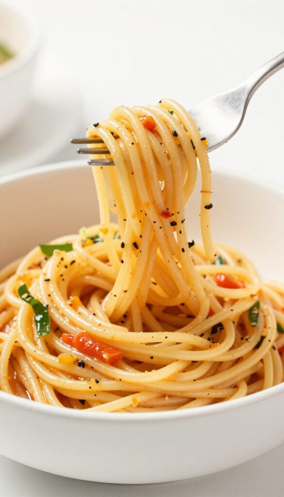 Close-up of spaghetti pasta salad with fork showing vegetables and dressing.