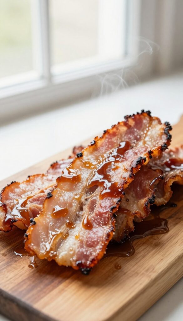 Bacon-wrapped meatloaf with glaze on a wooden board