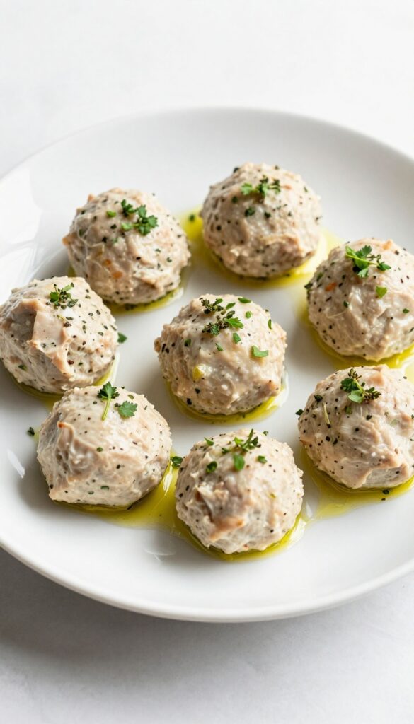 Juicy Greek-style turkey meatballs with herbs and olive oil on a white plate, bright natural lighting
