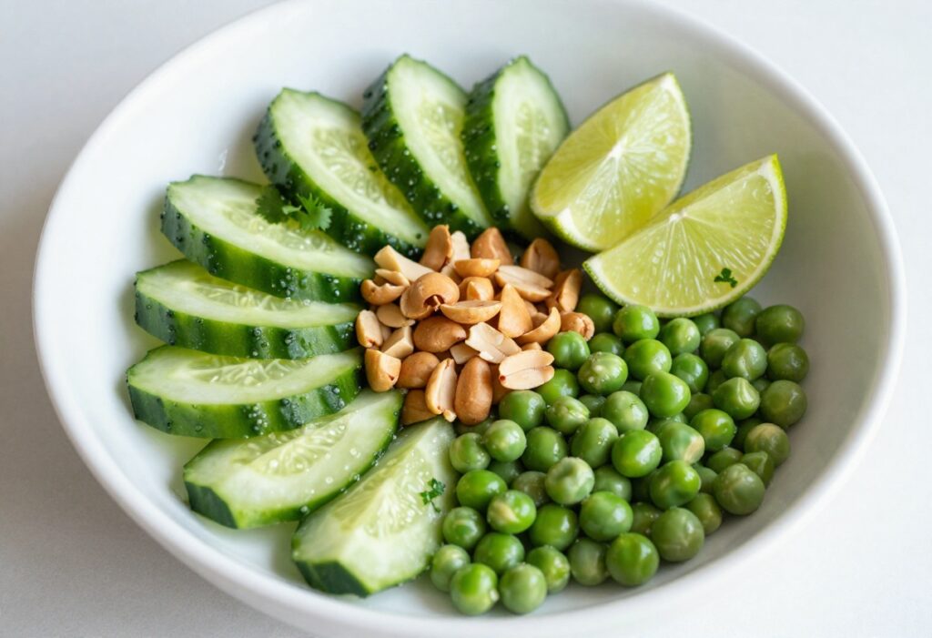 Crisp pea, peanut, and lime cucumber salad in a white bowl, overhead view.