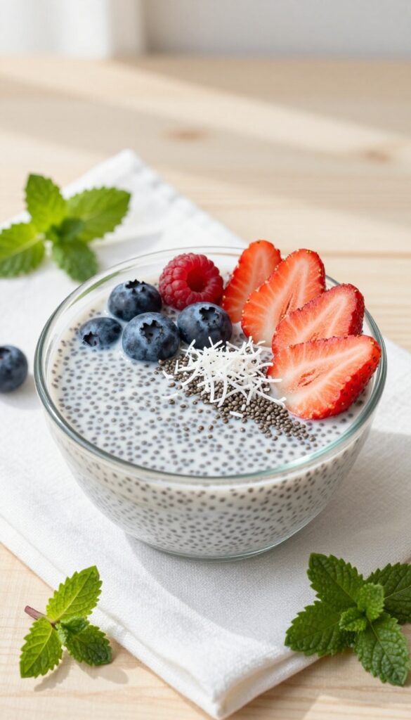 Coconut chia pudding topped with fresh berries and shredded coconut in a glass bowl on a wooden table