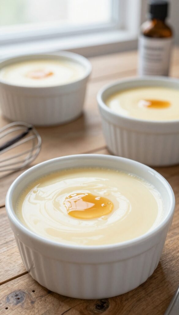 A creamy evaporated milk custard in a ramekin with caramel drizzle, set on a wooden table with baking tools in the background.