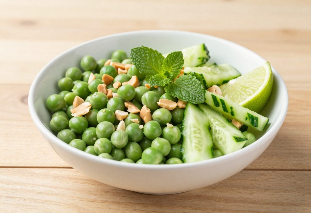 Bowl of Fresh Pea, Peanut, and Lime Cucumber Salad with lime wedges and mint