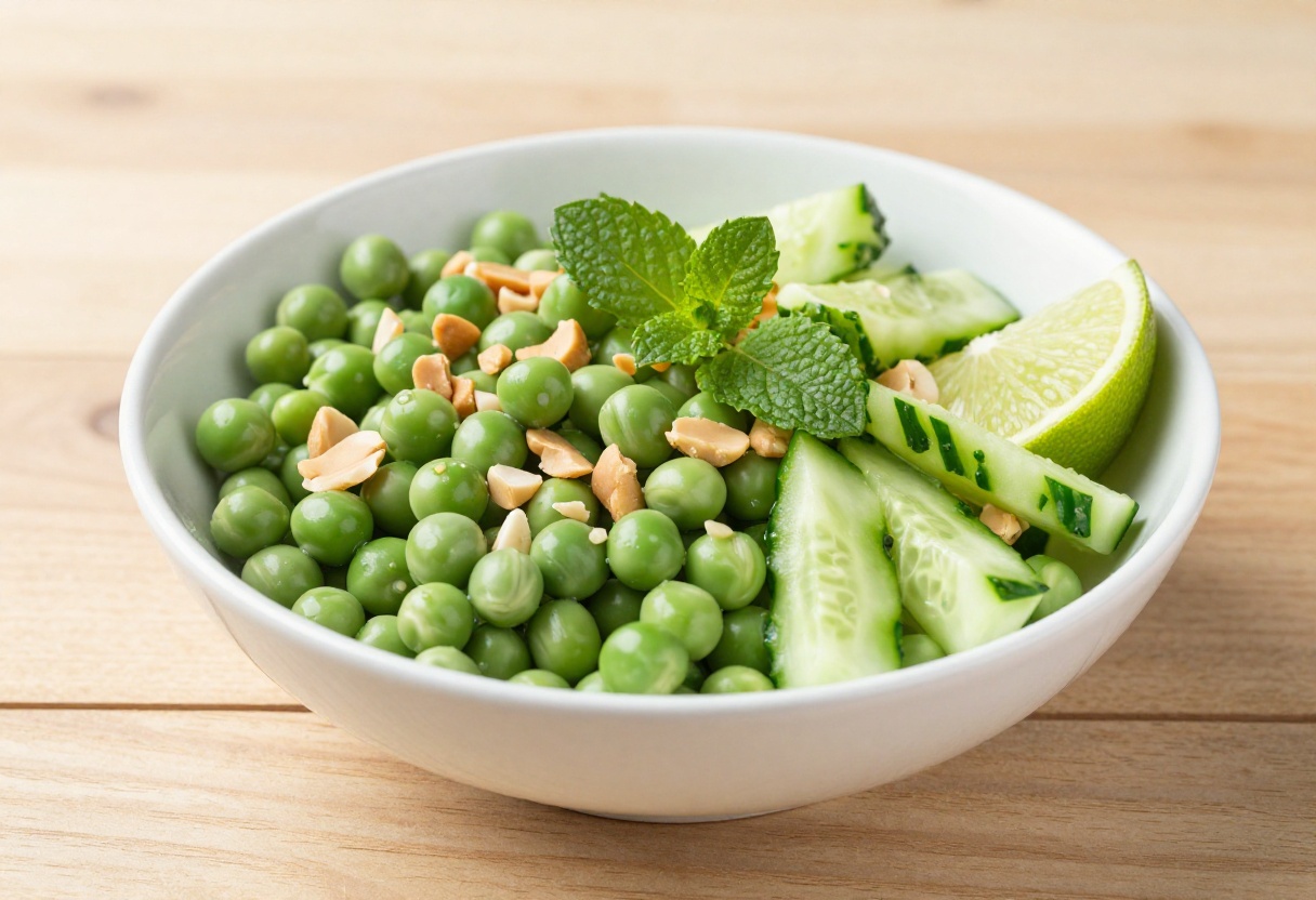 Bowl of Fresh Pea, Peanut, and Lime Cucumber Salad with lime wedges and mint
