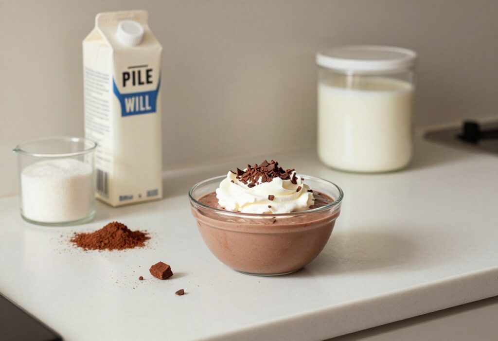 A bowl of chocolate milk pudding with ingredients like milk, sugar, and cocoa powder on a kitchen counter, representing easy homemade dessert recipes.