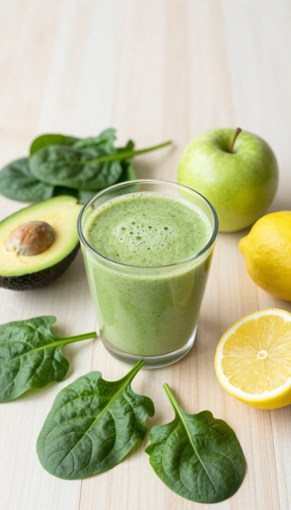 Green avocado spinach smoothie in a glass with fresh ingredients on a wooden table