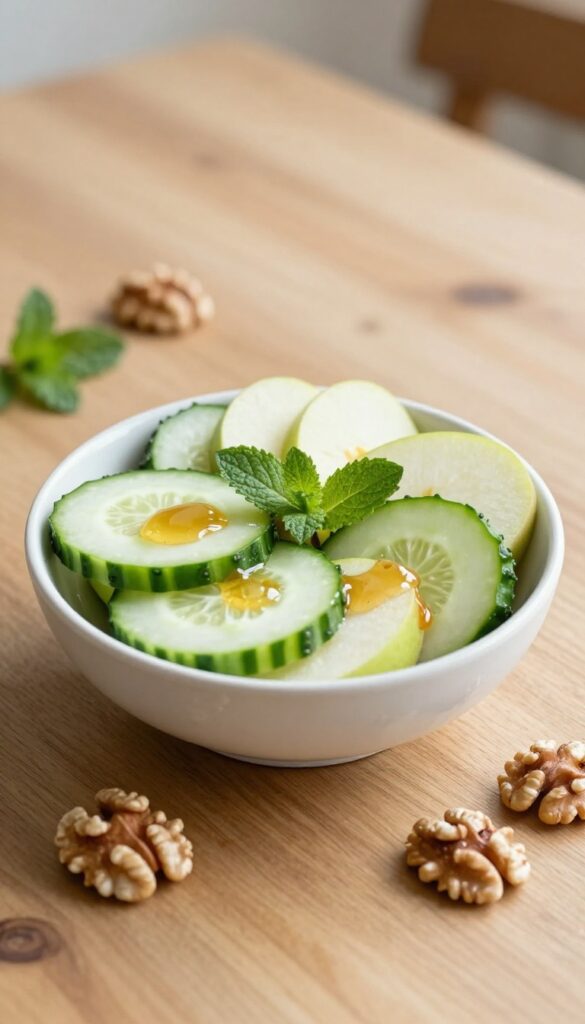 Sweet and crunchy cucumber and apple salad in a rustic bowl with walnuts and mint.