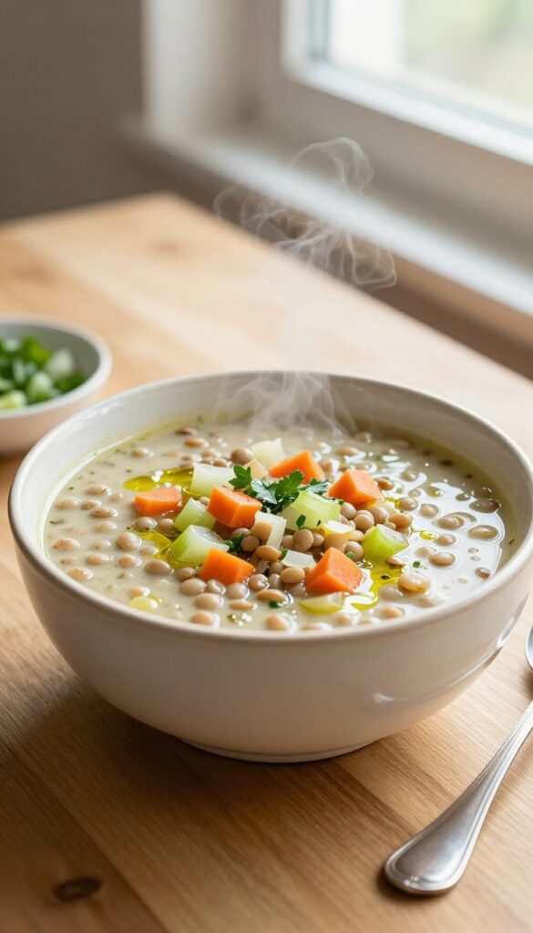 A close-up of a bowl of slow cooker Mediterranean lentil soup with vegetables and herbs, bathed in natural light, representing a cozy and comforting dinner recipe.