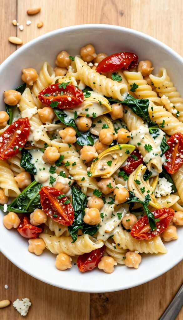 Mediterranean chickpea and sun-dried tomato pasta salad in a white bowl on a wooden table.