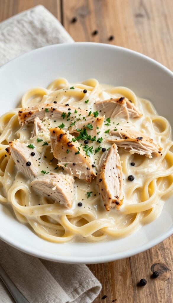 Creamy Chicken Alfredo pasta in a white bowl on a wooden table, garnished with parsley.