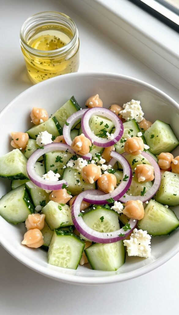 Mediterranean cucumber and chickpea salad with feta and parsley in a white bowl