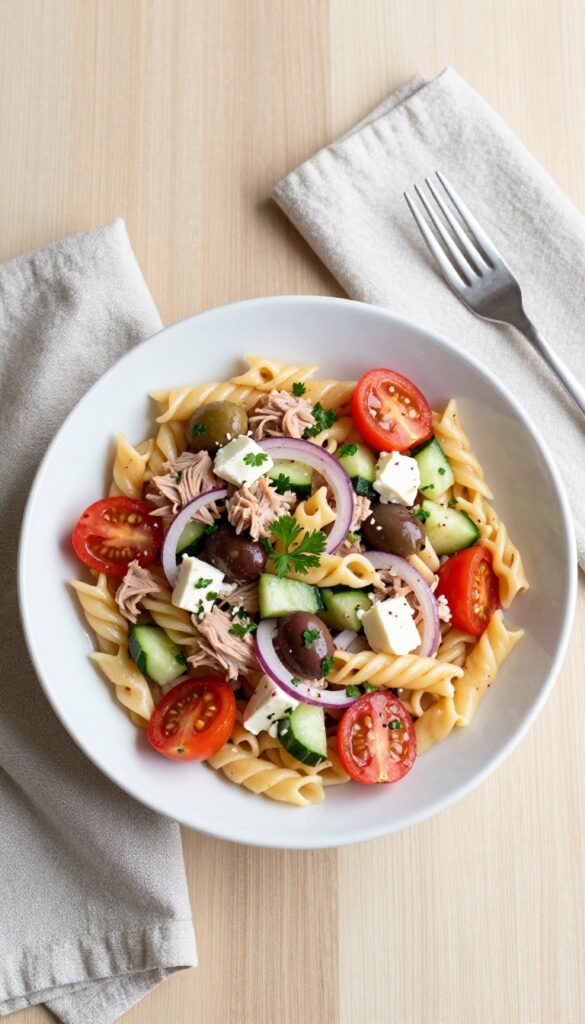 Mediterranean tuna pasta salad with cherry tomatoes, olives, cucumber, and feta in a white bowl.