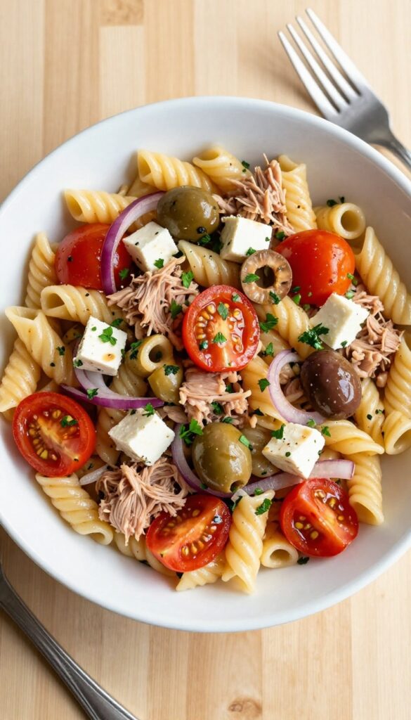Mediterranean tuna pasta salad in a white bowl with olives and feta cheese