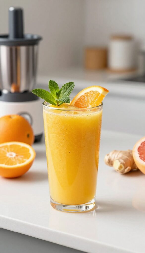 A refreshing Citrus Zing Smoothie in a glass with orange slice and mint garnish, surrounded by fresh ingredients like oranges, grapefruit, and ginger on a kitchen counter.