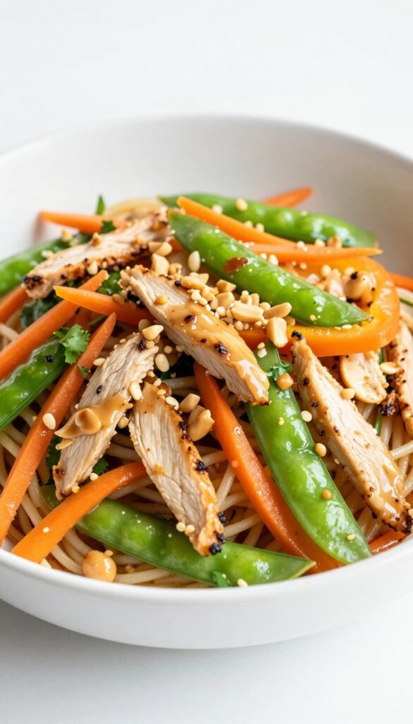Spicy Thai peanut grilled chicken pasta salad with crunchy veggies and peanut dressing