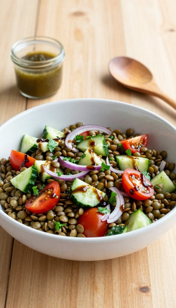 Lentil and cucumber salad with balsamic vinaigrette in a white bowl on a wooden table