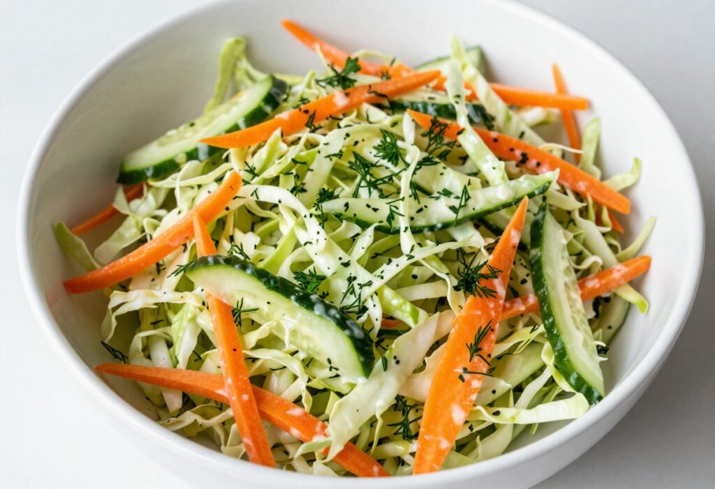 Bowl of cabbage and carrot cucumber salad with fresh herbs and creamy dressing