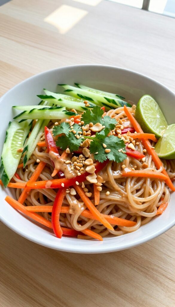 Spicy Thai Peanut Noodle Salad in a white bowl with colorful vegetables and peanut garnish on a wooden table