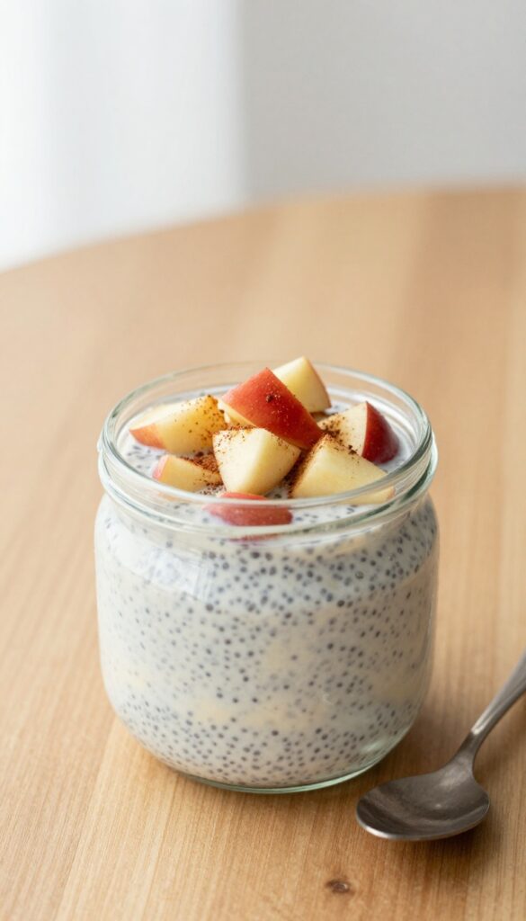 A glass jar of apple cinnamon chia pudding with diced apples and cinnamon on top, set on a wooden table, representing a low-cholesterol dessert recipe.