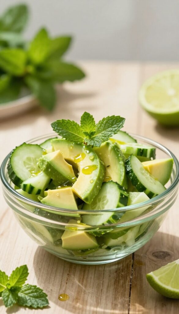 A bowl of mint and lime cucumber salad with avocado, featuring crisp cucumbers, creamy avocado, and fresh mint leaves in a bright, natural light setting, ideal for a summer meal prep blog.