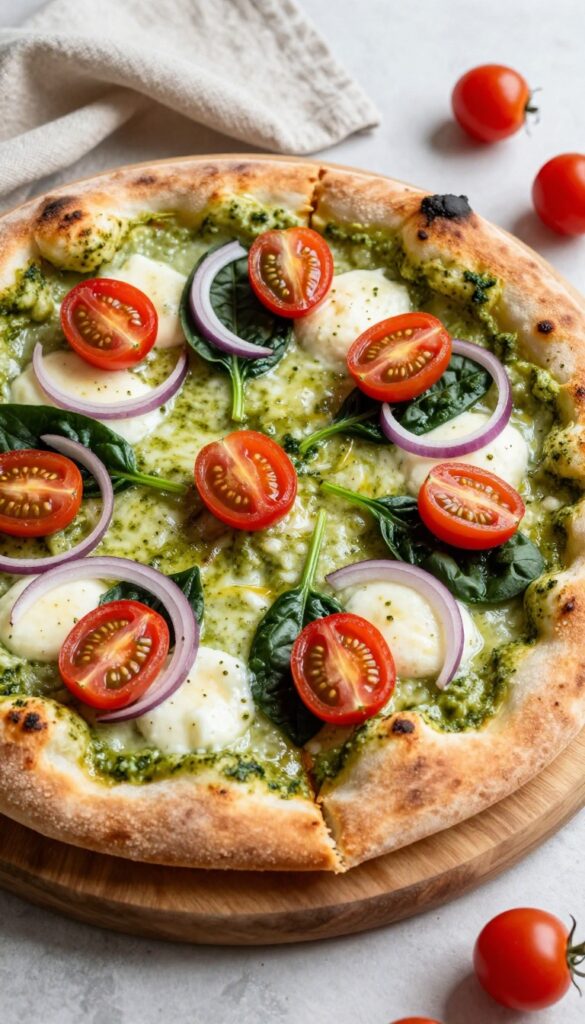 Fresh pesto veggie flatbread pizza with cherry tomatoes, spinach, and red onion on a wooden board