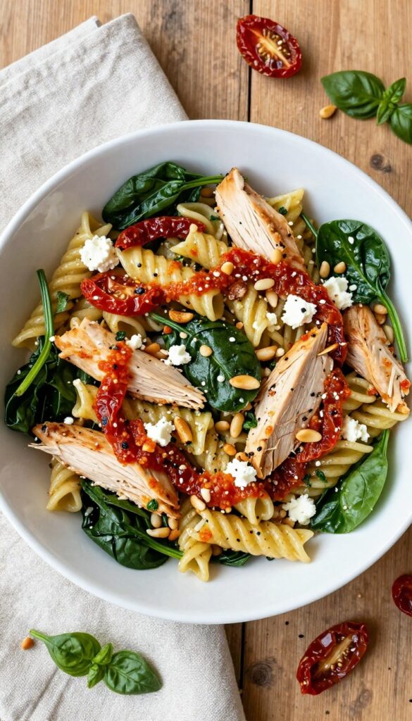 Sun-dried tomato and spinach pesto chicken pasta salad in a white bowl on a wooden table