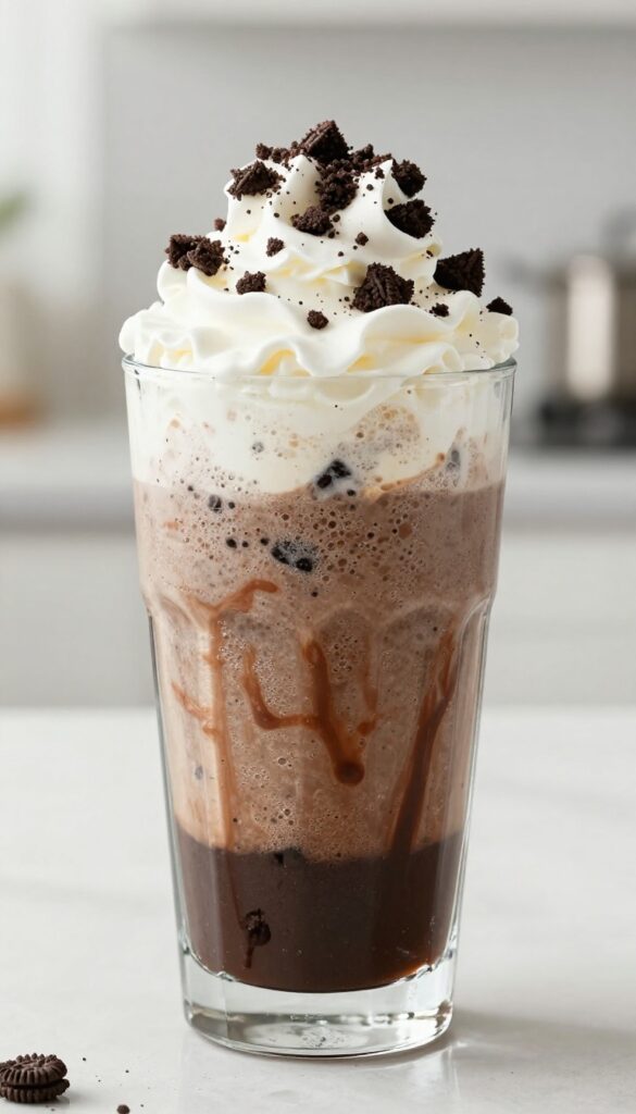 A tall glass of Oreo milkshake float with chocolate syrup drizzle, whipped cream, and Oreo crumbs, showcasing a creamy and bubbly dessert in natural light.