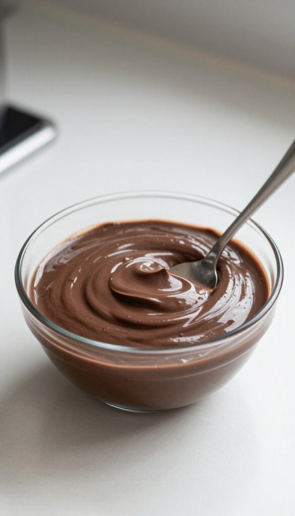 A close-up of homemade chocolate milk pudding in a glass bowl, showcasing its smooth and glossy texture, with a spoon nearby, set in a bright, clean kitchen environment.