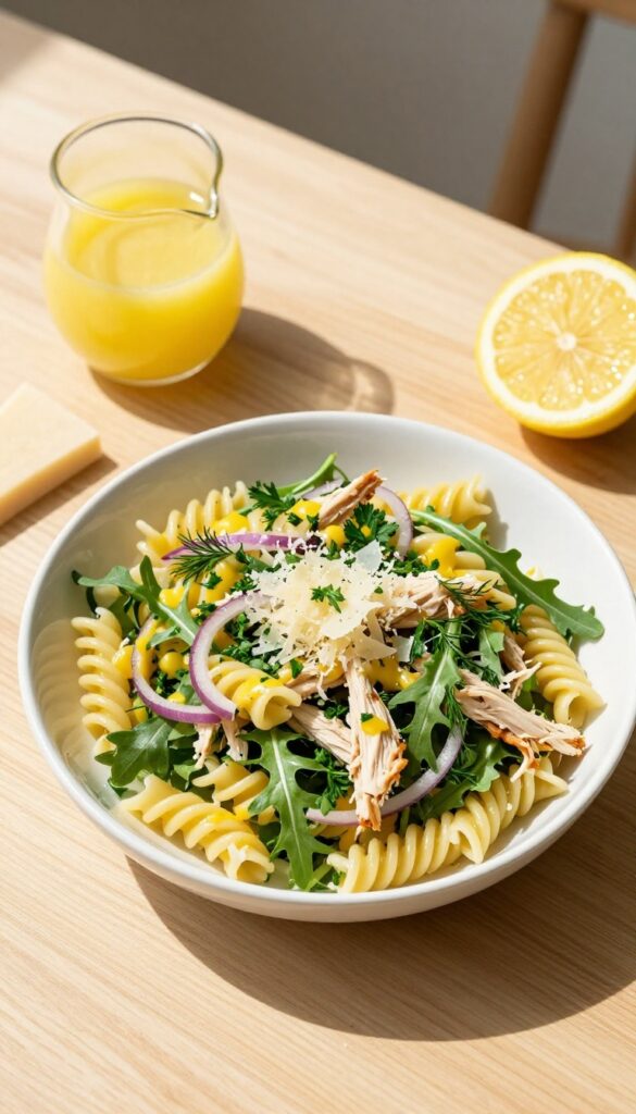 Lemon herb chicken pasta salad with arugula in a white bowl on a wooden table.