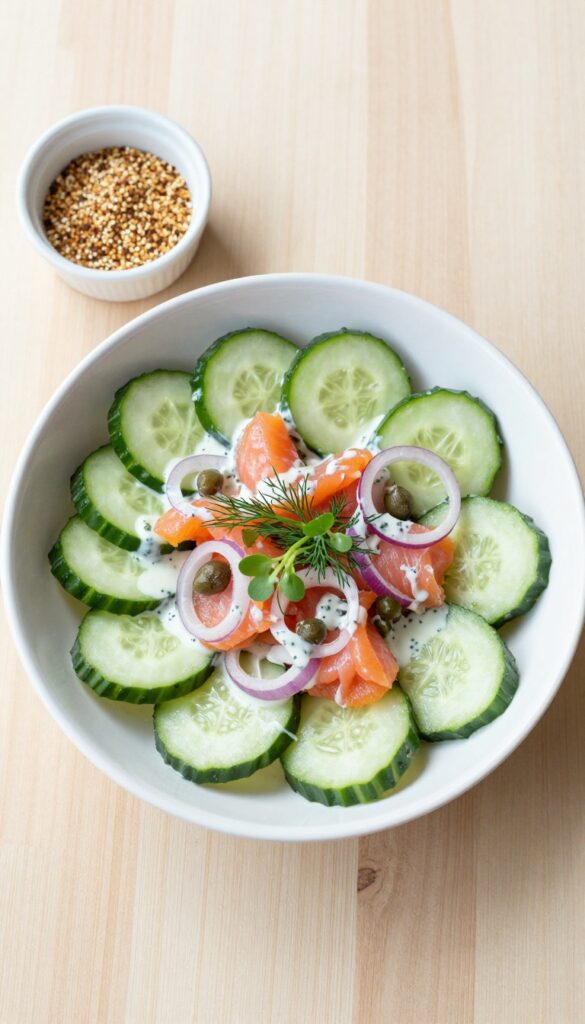 Smoked salmon and cucumber salad with dill cream cheese dressing in a white bowl on a wooden table