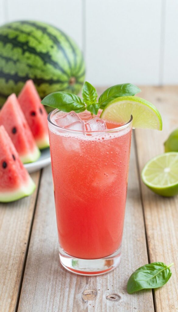A refreshing watermelon lime cooler with basil in a tall glass, garnished with lime and basil, set on a wooden table with natural ingredients in the background.