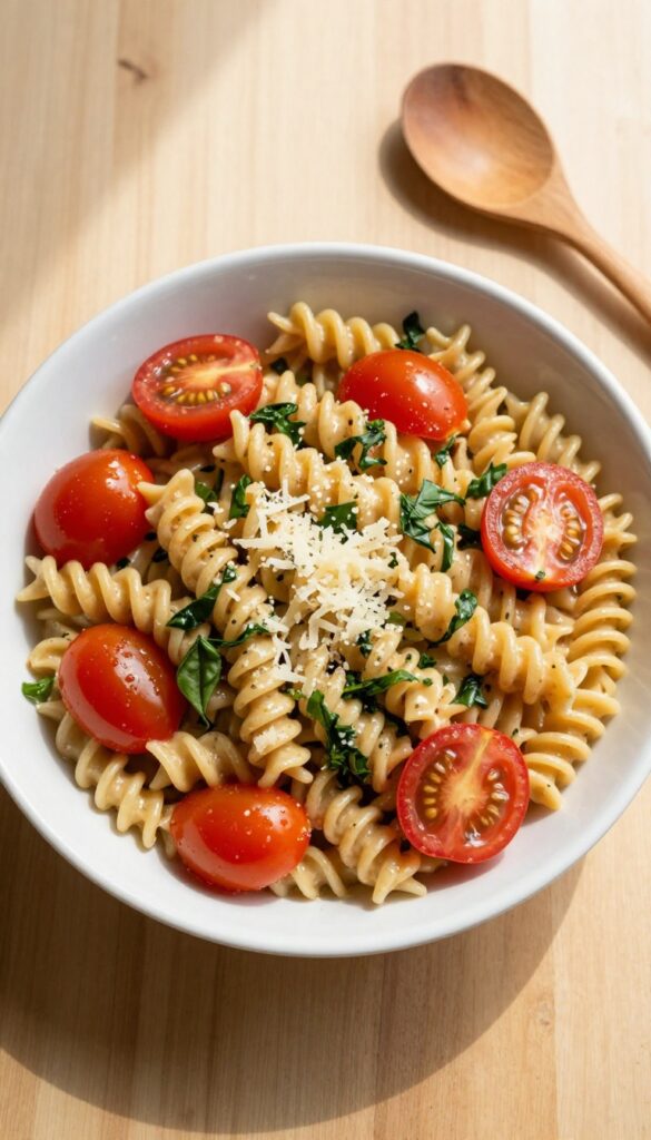 Cold arrabbiata pasta salad in a white bowl with cherry tomatoes, basil, and Parmesan on a wooden table.