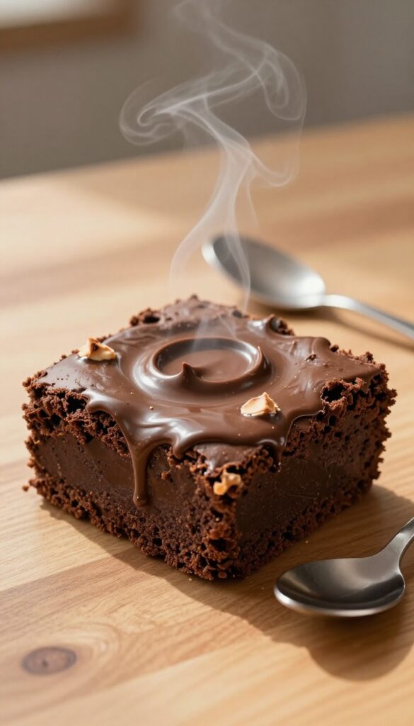 Microwave mug brownie with gooey chocolate center and steam, on wooden table with spoon