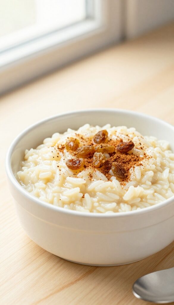 A bowl of creamy rice pudding with cinnamon and raisins, showcasing a soft texture in natural light, perfect for a blog about easy dessert recipes.