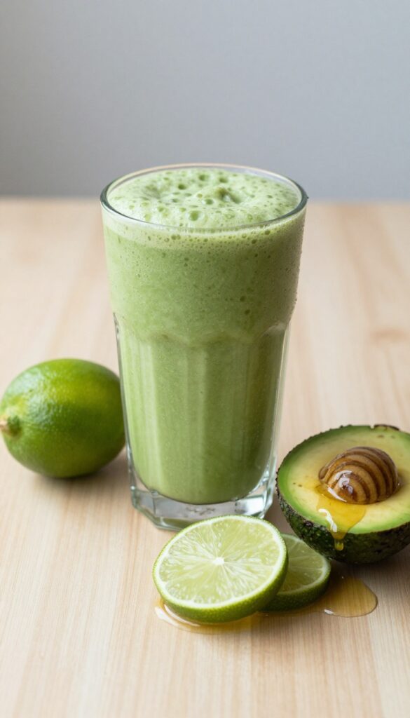 A creamy avocado lime smoothie in a glass with fresh ingredients on a wooden table, representing a protein-packed smoothie recipe.
