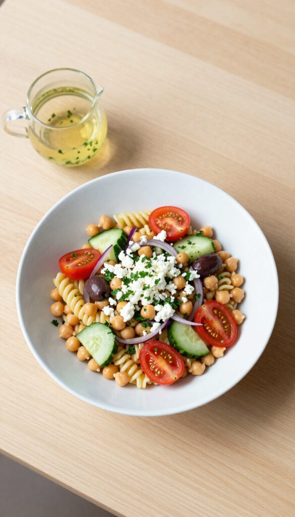 Mediterranean chickpea and feta pasta salad in a white bowl with fresh ingredients and vinaigrette