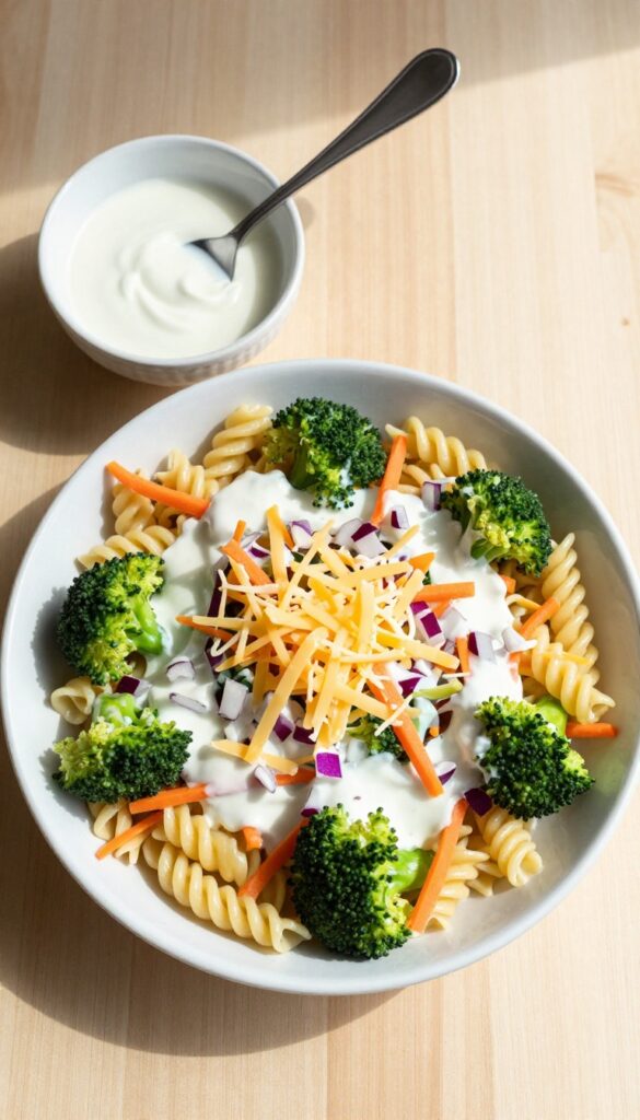 Greek Yogurt Ranch Broccoli Pasta Salad in a bowl with rotini pasta, broccoli, carrots, red onion, and cheddar cheese.