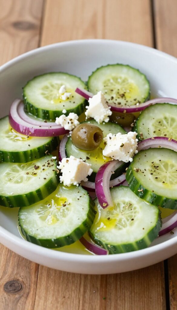 A close-up, photorealistic image of a Greek-inspired cucumber salad with red onion and oregano, featuring crisp cucumbers, sharp red onion, and earthy oregano in a bright, natural light setting, perfect for a blog listicle on meal-prep-friendly salads.