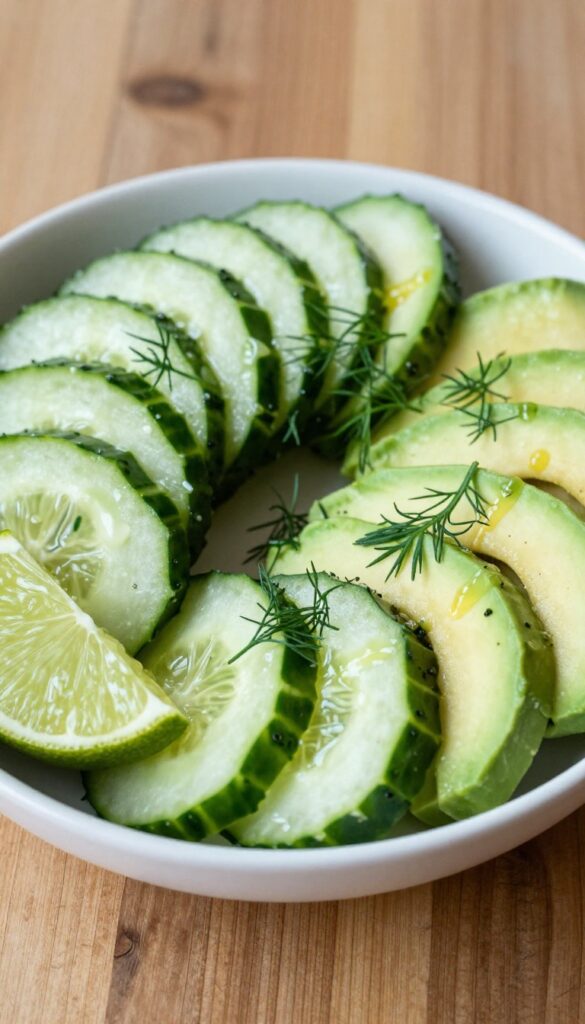 A photorealistic image of an avocado and cucumber salad with lime, dill, and vinegar, showcasing fresh ingredients in a bright, natural setting for a blog listicle.
