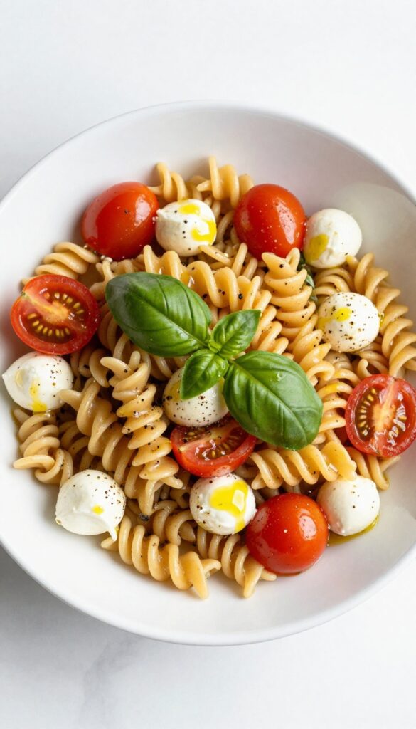 Tomato basil fusilli with mozzarella in a white bowl