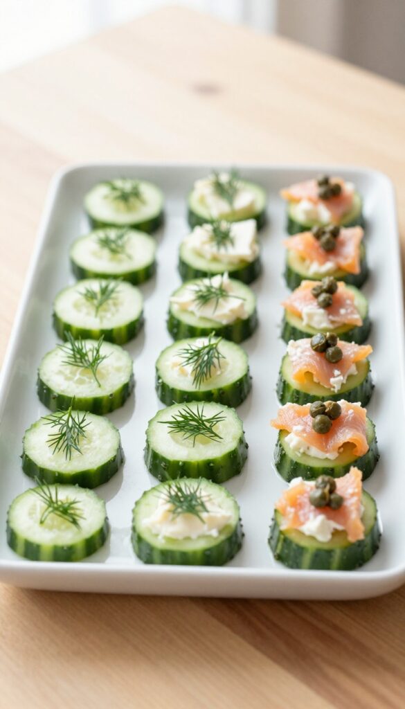 Smoked salmon cucumber bites with dill cream cheese on a platter