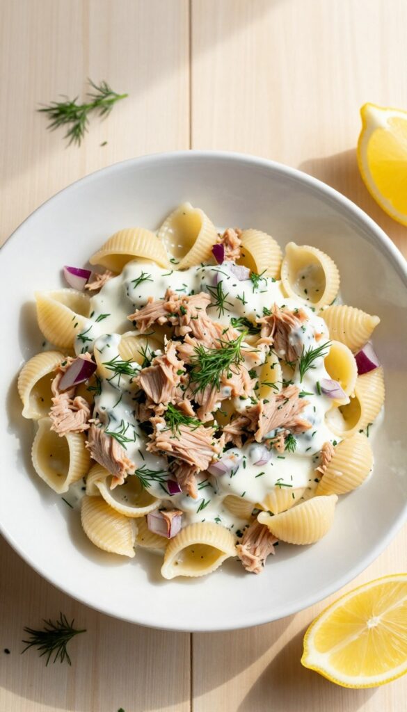 Creamy lemon dill tuna pasta salad in a white bowl on wooden table with lemon wedges and dill.