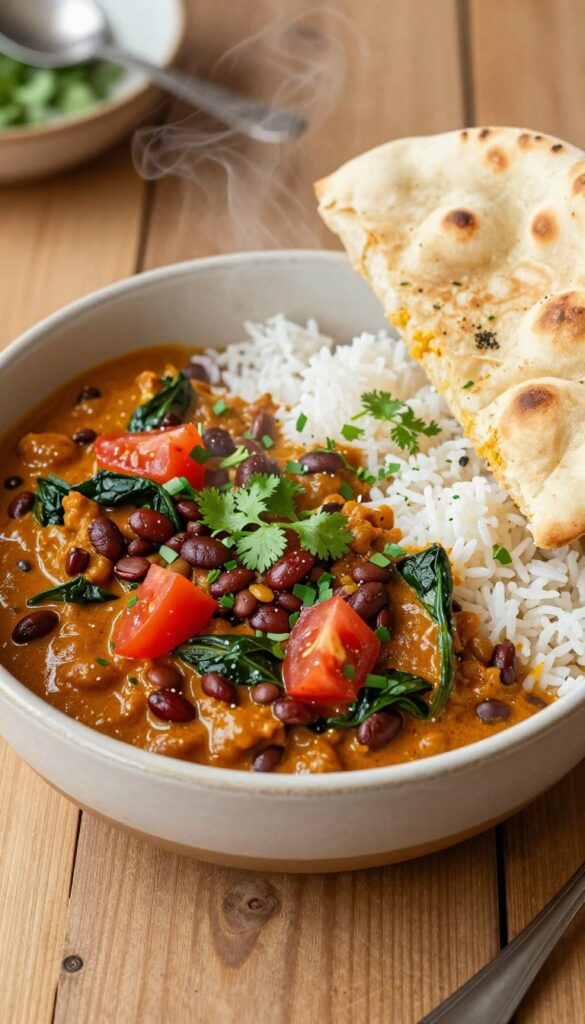 A bowl of Instant Pot lentil coconut curry with spinach, served with rice and naan, in natural light on a wooden table.