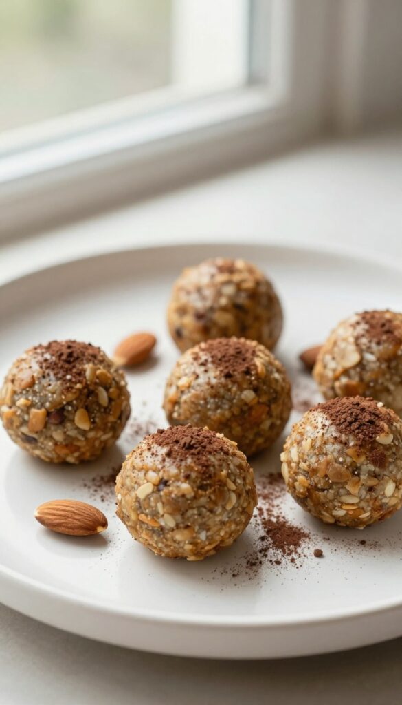 No-bake date energy balls on a white plate with almonds and cocoa powder, representing a quick and healthy dairy-free dessert.