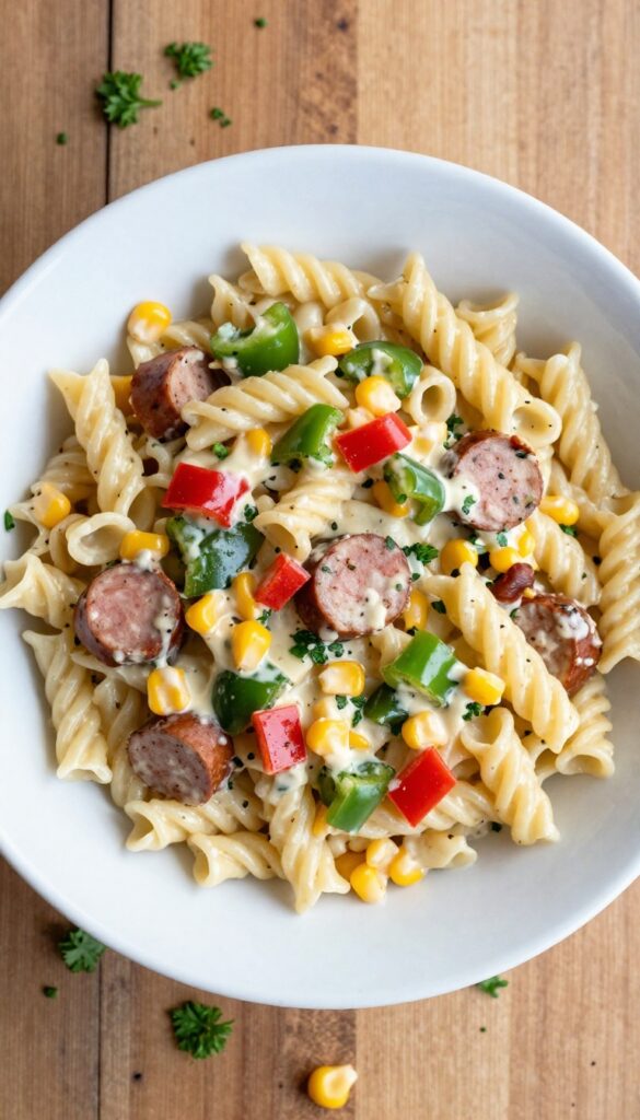 Cajun ranch pasta salad with andouille sausage, bell peppers, and corn in a white bowl on a wooden table.