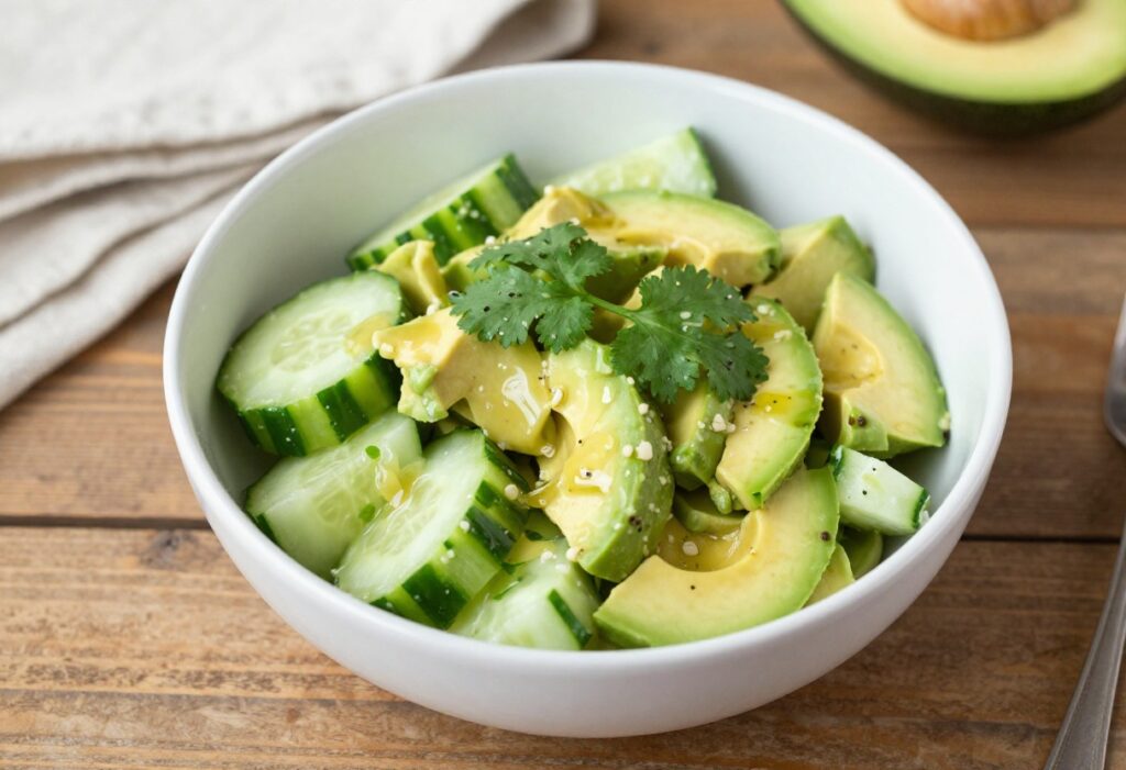 Fresh avocado cucumber salad with lime dressing in a white bowl